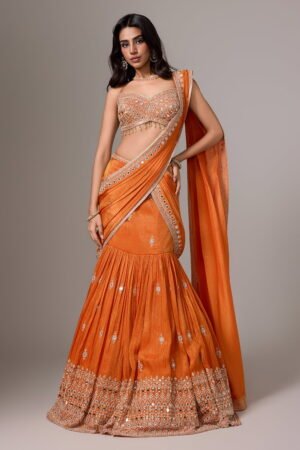 Orange Pre Stitched Saree Set With A Mir...