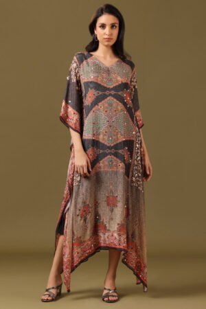 Dark Grey Abstract Printed Draped Kaftan...