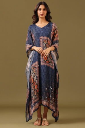 Dark Blue Abstract Printed Draped Kaftan...