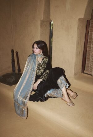 Black Velvet Tilla Embroidered Pheran Set With Ice Blue Tissue Pants & Ice Blue Tissue Embroidered Dupatta