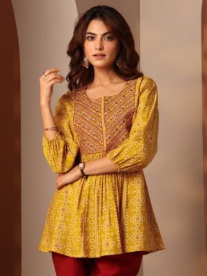 Mustard Printed Silk Blend Anarkali Sho...