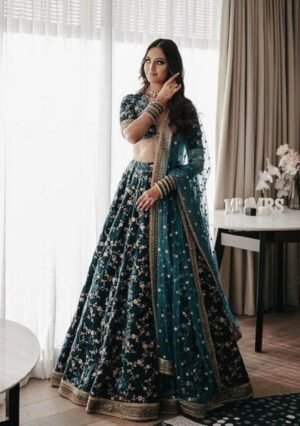Green Emboidered Velvet Lehenga Set