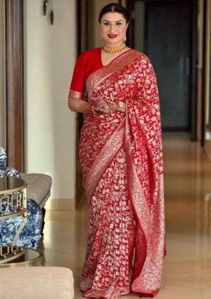 Red Printed Blended Silk Saree Set