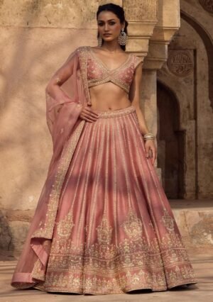 Pink Embroidery Poly Blended Lehenga Set