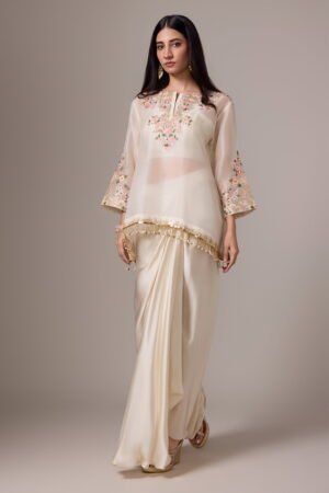 Ivory White Draped Indo Western Style Sk...