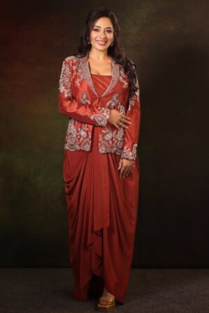 Brick Red Indo Western Style Draped Skir...