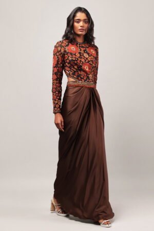 Brown Draped Cut Out Style Gown Set With...