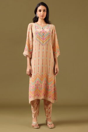 Beige Abstract Printed Classic Coord Set...