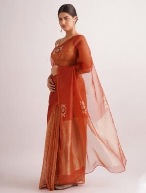 Rust Orange Organza Hand Woven Printed Saree