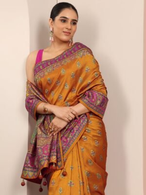 Mustard Printed Silk Blend Saree With U...