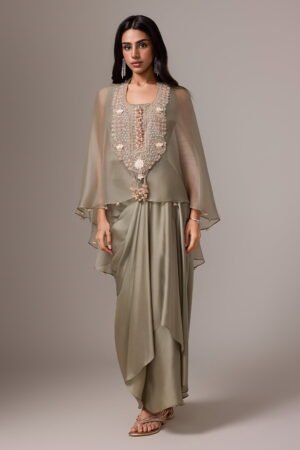 Dusty Green Indo Western Style Draped Sk...