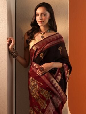 Black Printed Silk Blend Saree With Uns...