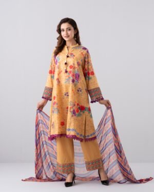 Relaxed Fit Printed Three-Piece Lawn With Chiffon Dupatta