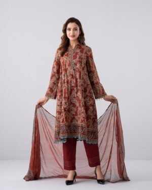 Smart Fit Printed Three-Piece Lawn With Chiffon Dupatta