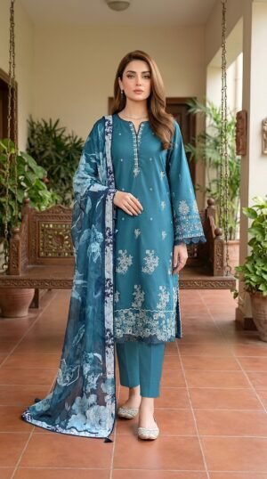 3 Piece Unstitched Dyed Embroidered With Printed Lawn Dupatta