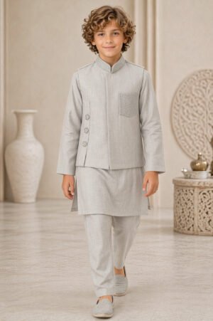 Light Grey Embroidered Bandi Kurta & Pyjama Set For Boys