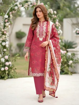 3 Piece Unstitched Printed Embroidered With Printed Lawn Dupatta