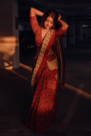 Off White & Red Ajrakh Patch Lehenga Saree