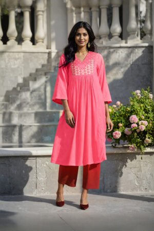 Pink Embroidered Modal Kurta
