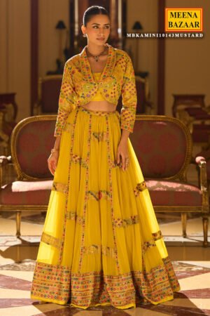 Mustard Heavy Embroidered Georgette Lehenga With Short Shrug