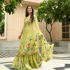 Bunaai Muted Lime Draped Saree With Blouse