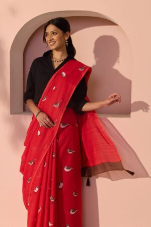 Red Bengal Screen Printed Pure Cotton Mulmul Saree