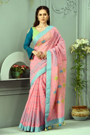 Pink Printed Half Silk Saree