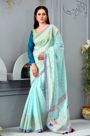 Pastel Green Half Silk Printed Saree