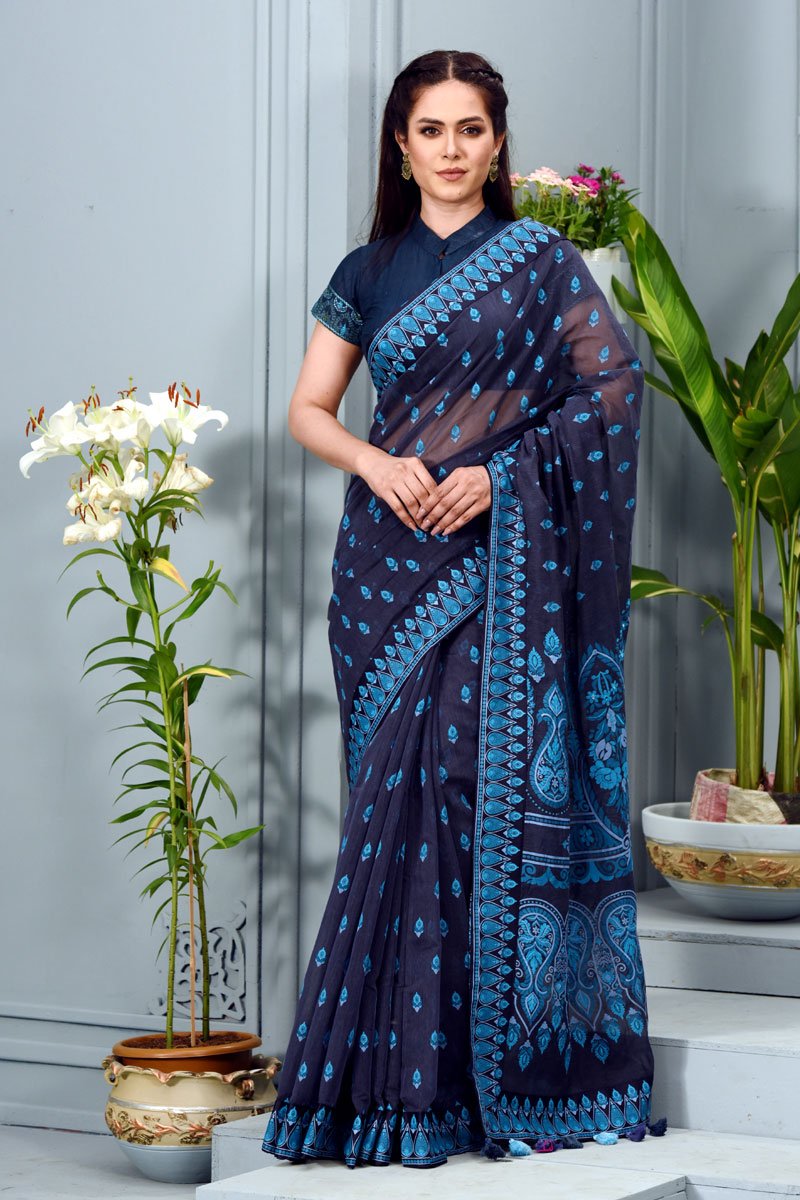 Charcoal Black Half Silk Printed Saree