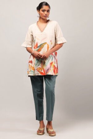 Cream Ivory Linen Casual Kurta Set With ...