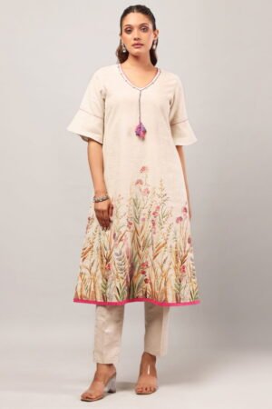 Cream Beige Classic Long Kurta Set With ...