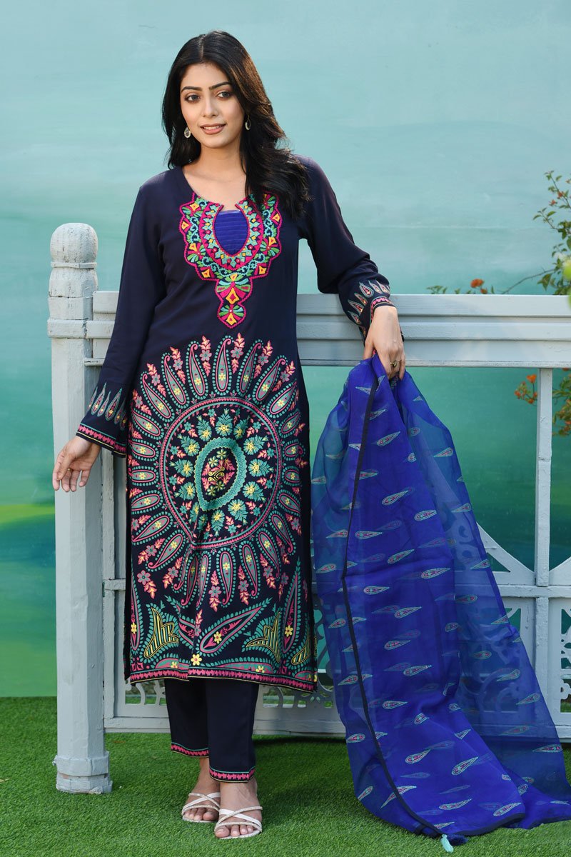 Dark Navy Blue Linen Printed & Hand Embroidered Salwar Kameez Set
