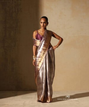Mauve And Silver Handloom Pure Silk Tissue Tanchoi Banarasi Saree With Gold Zari Floral Border