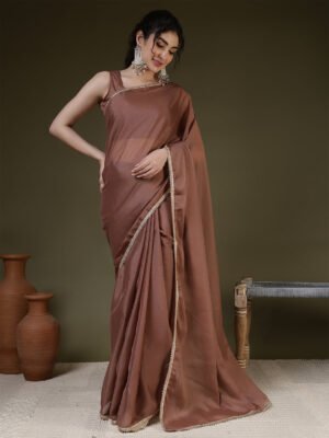 Women'S Brown Silk Blend Solid Saree