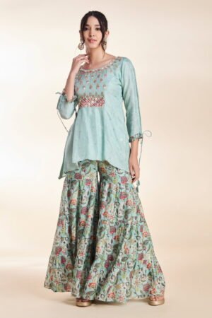 Sky Blue Printed Tiered Sharara Pant Set...