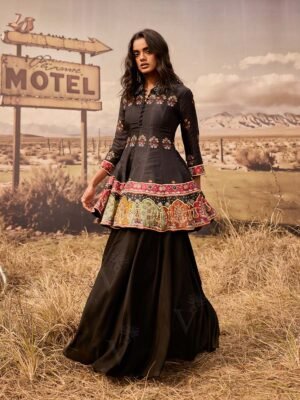 Black Vasansi Silk Peplum And Palazzo Set