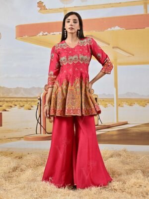 Red Vasansi Silk Embroidered Peplum And Palazzo Set