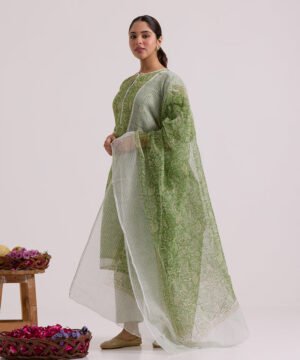 Green Hand Block Printed Kota Doria Suit Set With Dupatta