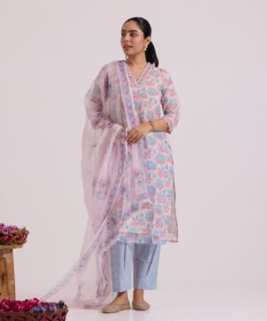 White Lotus Hand Block Printed Kota Doria Suit Set With Dupatta