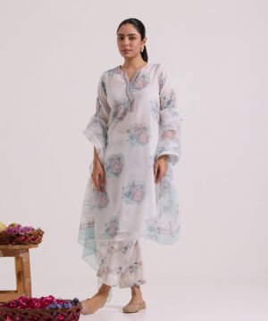 White Pink Gulab Hand Block Printed Kota Doria Suit Set With Dupatta