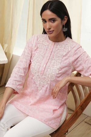 Pink Cotton Yarn Dyed Short Kurta
