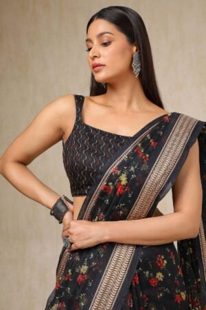 Black Cotton Blend Floral Print Saree