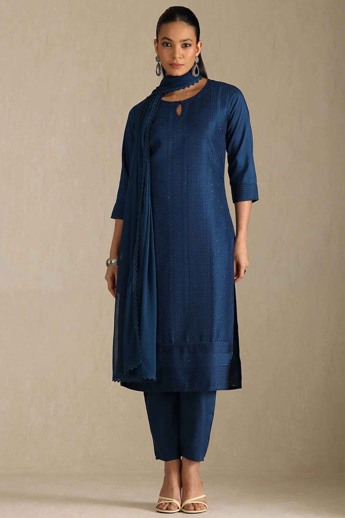 Blue Art Silk Embroidered Suit Set With Sequins
