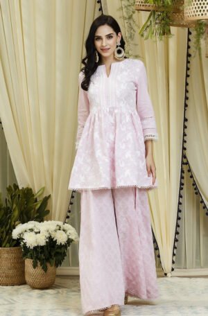 Magnolia Pink Full Sleeves Kurta With Sharara Set