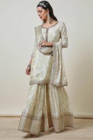 Cream Brocade Sharara Suit Set With Sequins