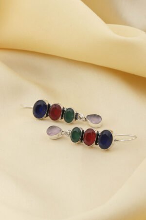 Multicolour Oxidised Brass Studded Drop Earrings
