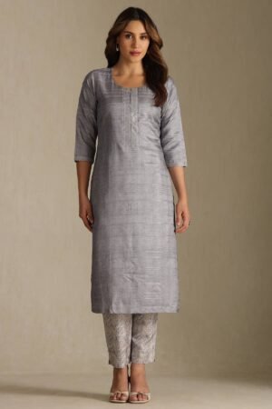 Grey Art Silk Striped Kurta Set With Sequins
