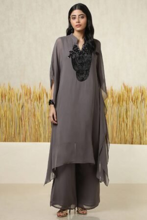 Grey Georgette Embellished Kaftan Suit With Cutdana