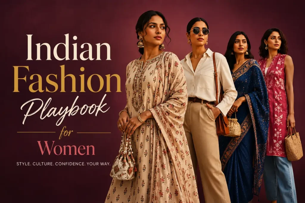 Stylish Indian women wearing modern and traditional fashion outfits for an Indian fashion playbook.