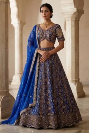 Blue Silk Bridesmaids Lehenga With Embroidered Half Sleeve Blouse-Ji1334